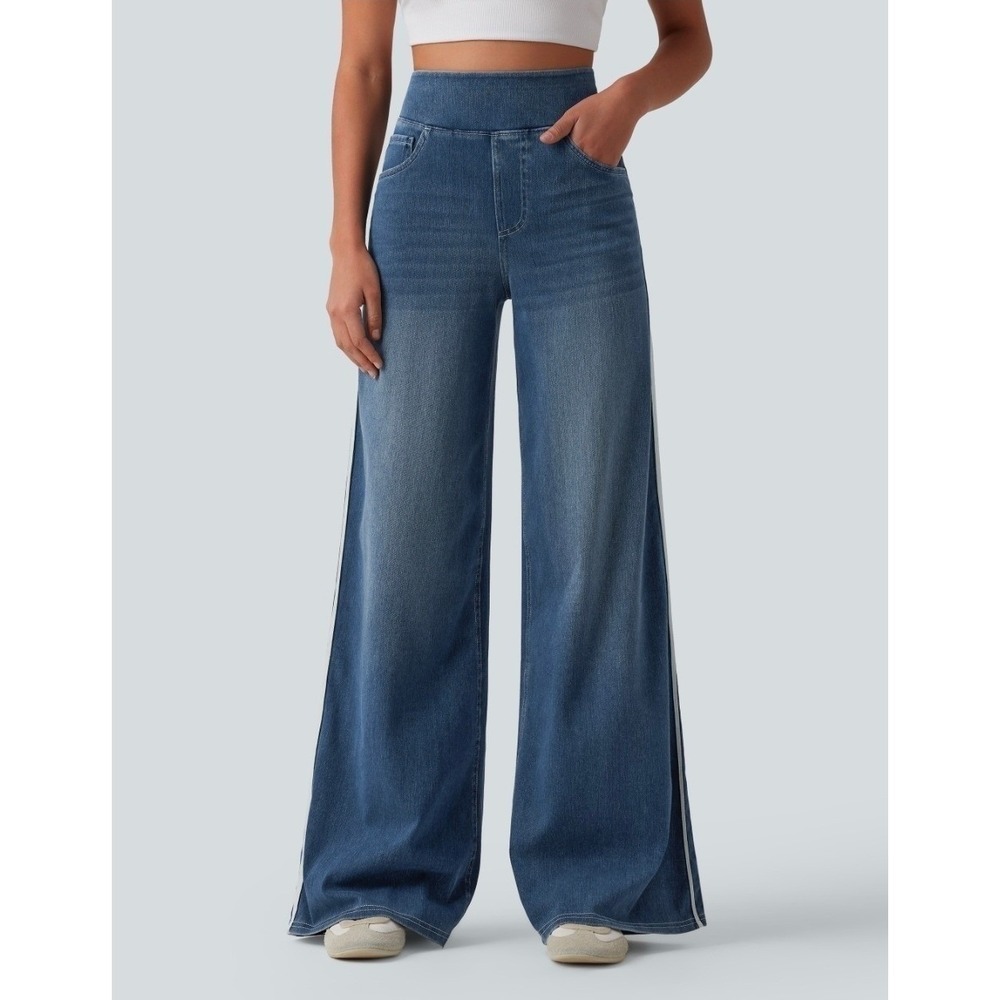 Halara High Waisted Wide Leg Jeans Blue Side Stripe Pull On Denim Small Regular